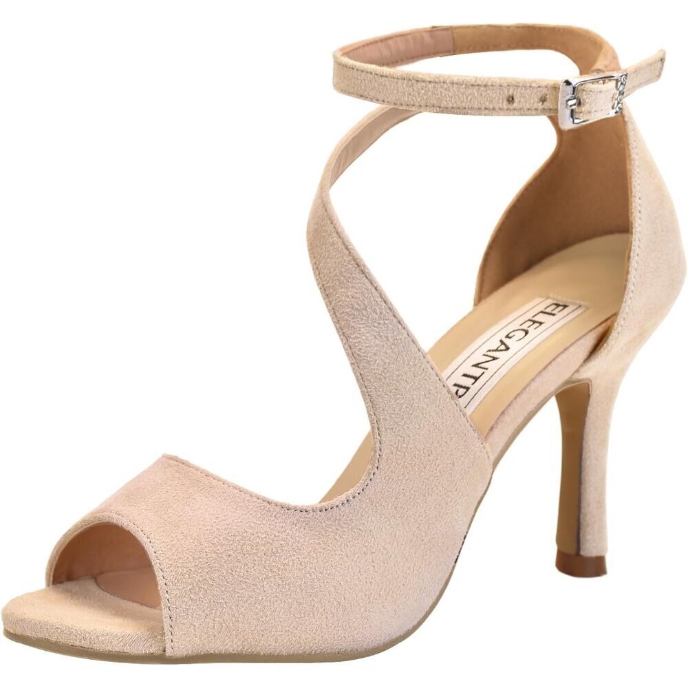 Elegantpark Women Nude Satin Cross Strappy Peep Toe High Heels Sandals Shoes